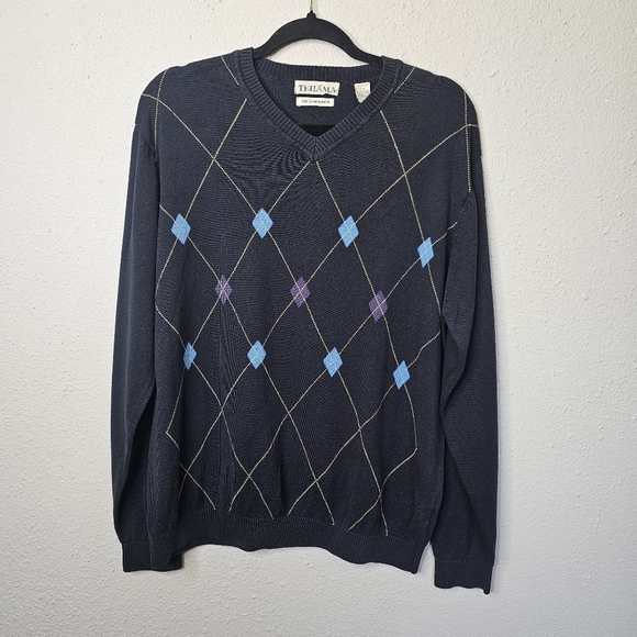 Tehama Silk Cashmere Blend Mens Argyle Sweater Size Large‎ Navy Blue V Neck - Picture 1 of 10